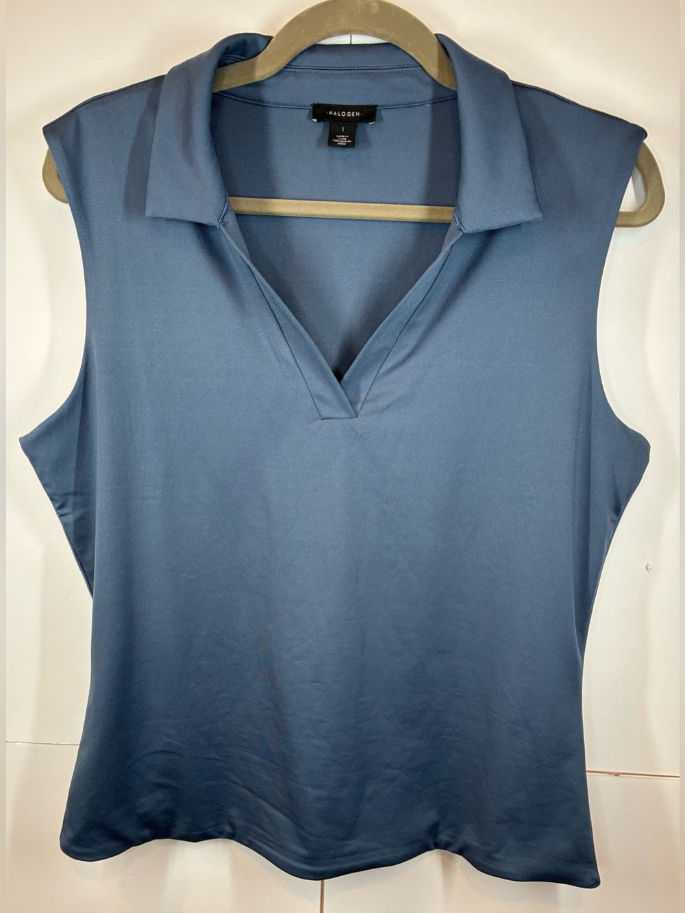 Halogen Women's Sleeveless Collared Blouse Top Slate Blue Split V-Neck Sz 1-Lrg